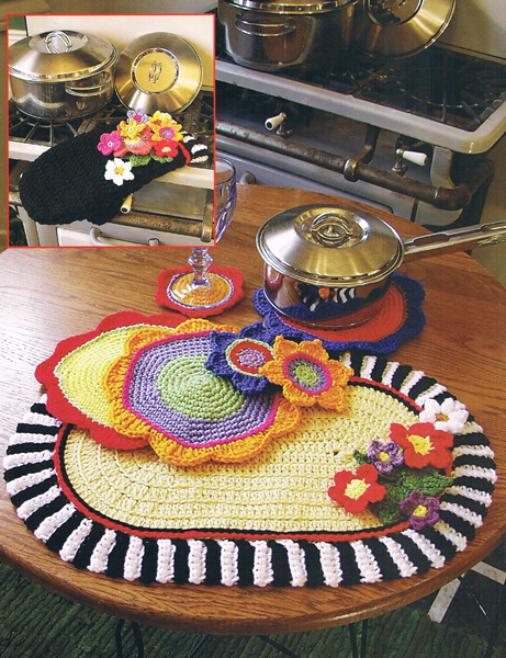 Crochet Pot Holder Pattern, Crochet Kitchen Set Pattern, Crochet Table Runner, Crochet Tissue Box Cover, PDF- Annie Potter's Yarn Basket