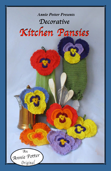 Crochet Potholder Pattern, Crochet Pansie Pot Holder Pattern, Kitchen Pansies Kitchen Set, PDF - Annie Potter's Yarn Basket