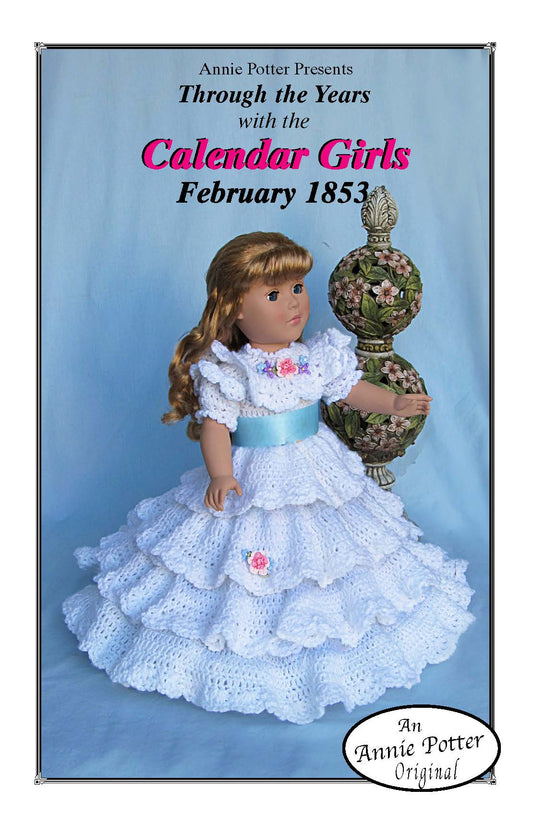 "Calendar Girls February 1853 " 18 inch Doll Crochet Pattern, American Girl Doll Crochet Pattern, Crochet doll dress pattern PDF,- Annie Potter's Yarn Basket