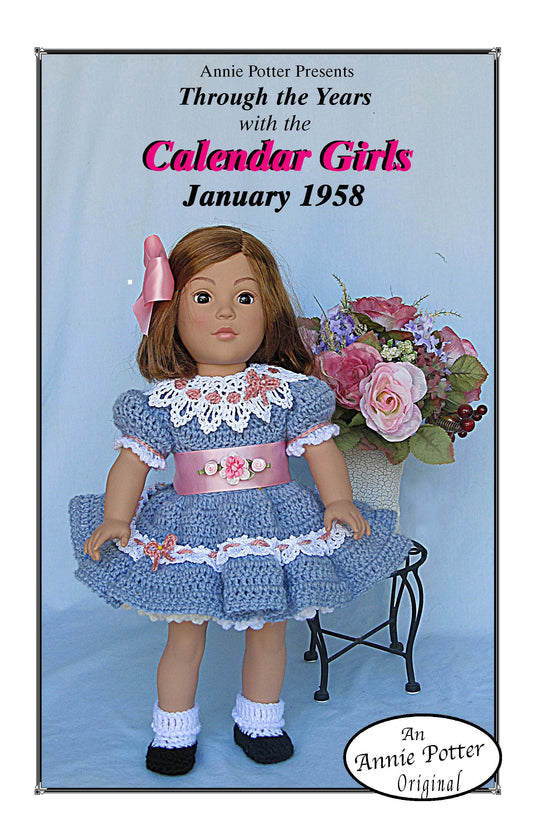 "Calendar Girls January 1958 " 18 inch Doll Crochet Pattern, American Girl Doll Crochet Pattern, PDF - Annie Potter's Yarn Basket