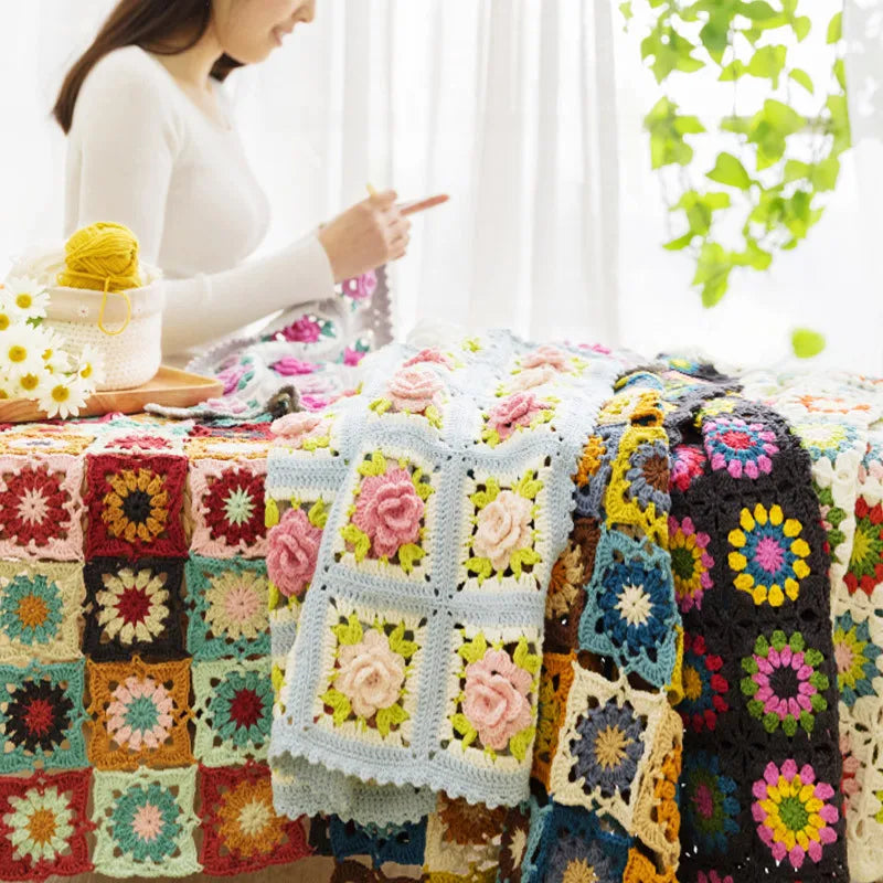 Flower Granny Square Blanket Kit, Floral Materials and Pattern Crochet Blanket 
