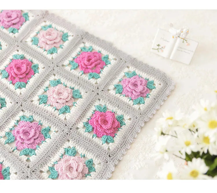 Flower Granny Square Blanket Kit, Floral Materials and Pattern Crochet Blanket