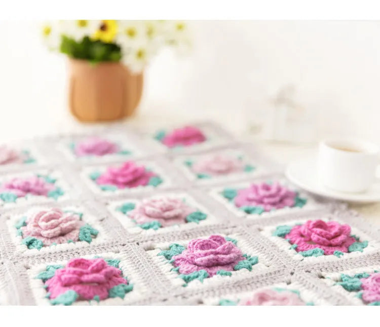 Flower Granny Square Blanket Kit, Floral Materials and Pattern Crochet Blanket