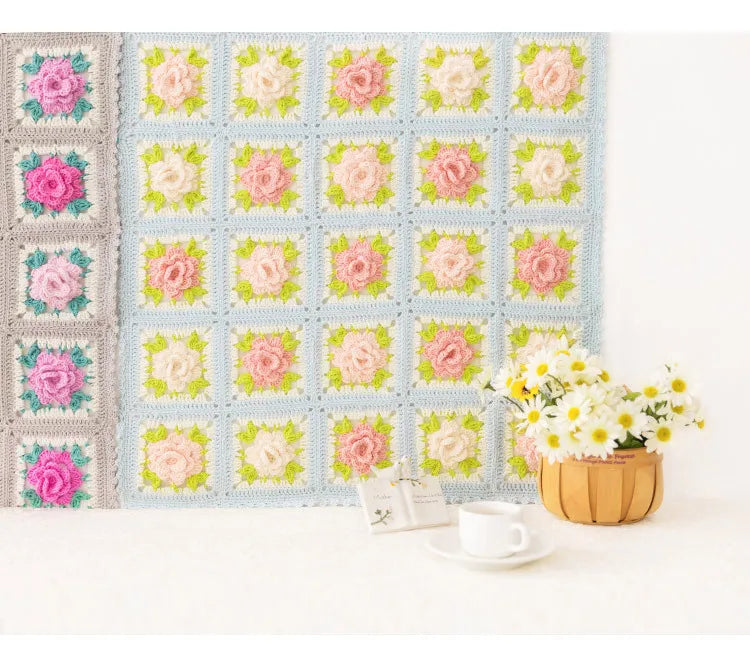 Flower Granny Square Blanket Kit, Floral Materials and Pattern Crochet Blanket