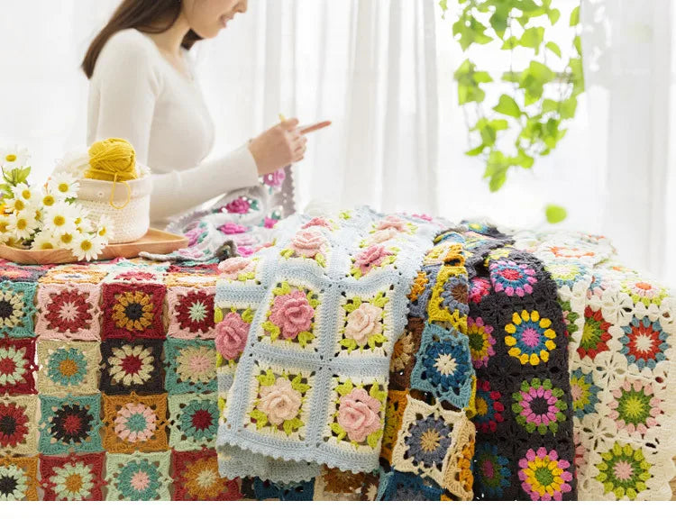 Flower Granny Square Blanket Kit, Floral Materials and Pattern Crochet Blanket