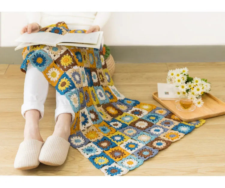 Flower Granny Square Blanket Kit, Floral Materials and Pattern Crochet Blanket