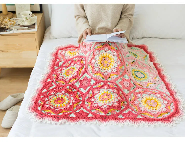 Vibrant Mandala Starburst Crochet Blanket Kit, Beautiful Patchwork Material and Pattern