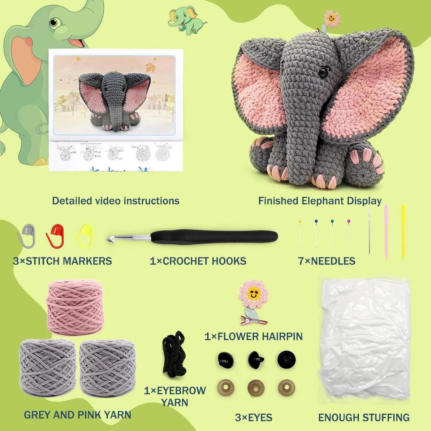 Elephant Package Crochet Kit for Beginners, Starter Adults Handmade Crochet toy pattern and Materials