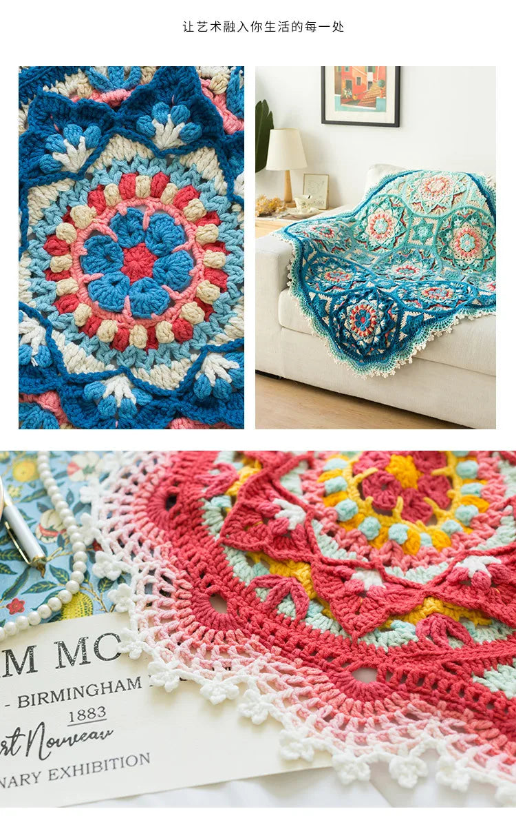 Vibrant Mandala Starburst Crochet Blanket Kit, Beautiful Patchwork Material and Pattern