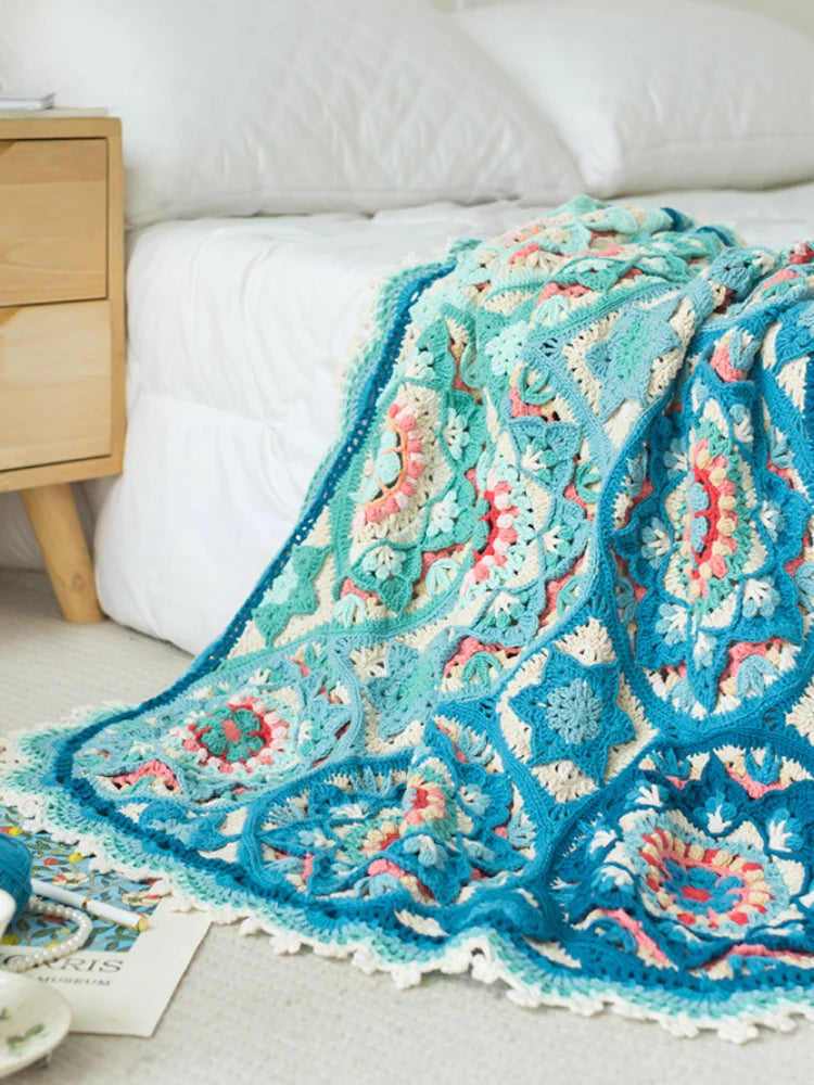 Vibrant Mandala Starburst Crochet Blanket Kit, Beautiful Patchwork Material and Pattern