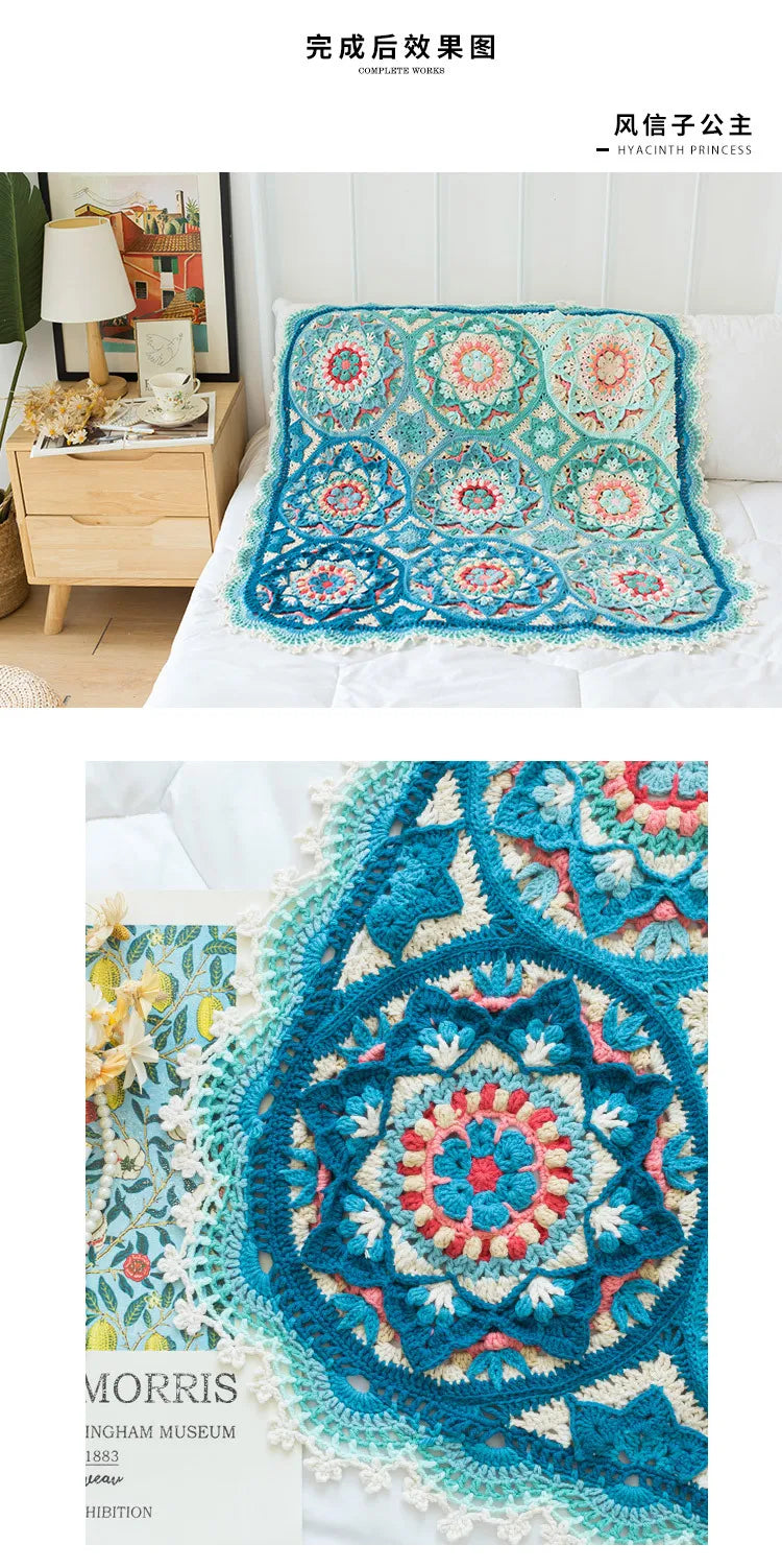 Vibrant Mandala Starburst Crochet Blanket Kit, Beautiful Patchwork Material and Pattern