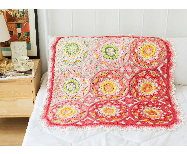 Vibrant Mandala Starburst Crochet Blanket Kit, Beautiful Patchwork Material and Pattern