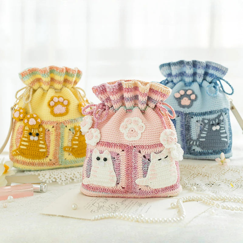 Sweet Kitty Crochet Kit, Cute Cat Drawstring Bag Materials and Pattern