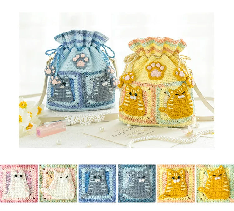 Sweet Kitty Crochet Kit, Cute Cat Drawstring Bag Materials and Pattern