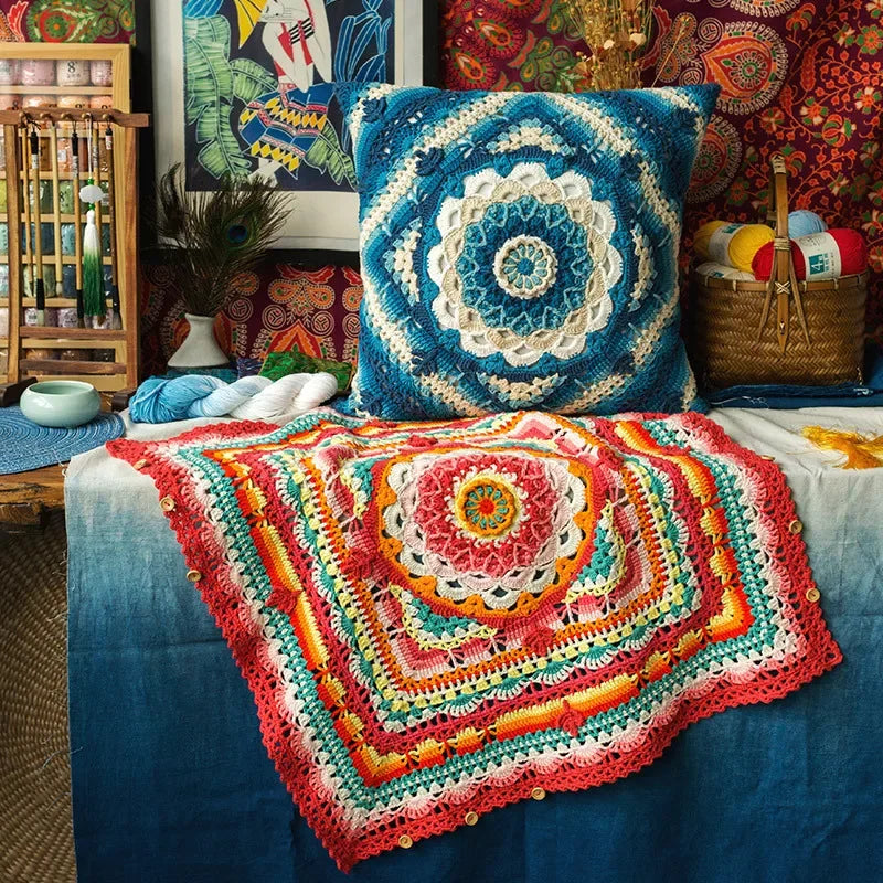 Vibrant Bohemian Crochet Blanket Pillowcase Kit, Crochet Material and Pattern
